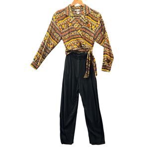 Taurus Vintage 80s 90s Union Made Tribal Wrap Shirt Black Pant Jumpsuit Women 4